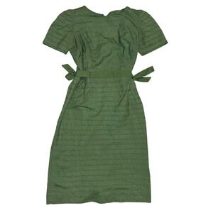 Vintage 60s Kerrybrooke Sears Green Scallop Textured Midi Dress Short Sleeve